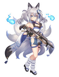 Rule 34 | 1girl, animal ear fluff, animal ears, blue eyes, blue nails, breasts, cleavage, cleavage cutout, clothing cutout, detached sleeves, eyeliner, finger on trigger, fingerless gloves, floral print, fox ears, fox girl, fox mask, fox tail, full body, fur trim, gloves, grey hair, gun, hair ornament, hakama, hakama short skirt, hakama skirt, highres, hip vent, hitodama, holding, holding gun, holding weapon, inari iroha, japanese clothes, large breasts, leg warmers, long hair, looking at viewer, loose socks, makeup, mask, multiple tails, nail polish, nontraditional miko, noripro, obi, okanoyuno, okobo, omamori, pelvic curtain, pom pom (clothes), sandals, sash, simple background, skirt, smile, socks, solo, tabi, tail, thigh strap, tsurime, twintails, virtual youtuber, weapon, white background, wide sleeves
