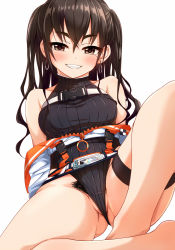 Rule 34 | 1girl, bare legs, bare shoulders, barefoot, belt, black leotard, breasts, brown eyes, brown hair, collarbone, cropped jacket, earrings, female pubic hair, hadome, highres, idolmaster, idolmaster cinderella girls, jacket, jewelry, leotard, long hair, looking at viewer, medium breasts, mole, mole under eye, off shoulder, open clothes, open jacket, partially visible vulva, pubic hair, sharp teeth, simple background, solo, sunazuka akira, teeth, two side up, unzipped, white background, white jacket, zipper pull tab