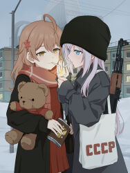 2girls ahoge akm alisa_mikhailovna_kujou apartment assault_rifle black_jacket blue_eyes blush brown_dress brown_hair cigarette commentary_request dress grey_hair grey_jacket gun hair_ornament hairclip highres holding holding_lighter holding_stuffed_toy jacket kalashnikov_rifle laofuzi_dai_bansho lighter long_hair looking_at_another mariya_mikhailovna_kujou multiple_girls outdoors revision rifle scarf smile smoking soviet stuffed_animal stuffed_toy teddy_bear tokidoki_bosotto_roshia-go_de_dereru_tonari_no_alya-san weapon yellow_eyes