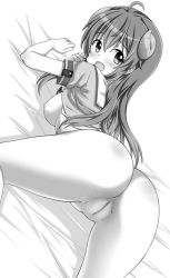 Rule 34 | 1girl, :d, ahoge, ass, bed sheet, blush, bottomless, breasts, cleft of venus, clothes lift, commentary request, curled horns, demon horns, dutch angle, fang, fat mons, greyscale, horns, long hair, looking at viewer, looking back, machikado mazoku, medium breasts, monochrome, nipples, open mouth, presenting, pussy, sailor collar, school uniform, serafuku, shirt lift, short sleeves, smile, solo, testa, uncensored, very long hair, white background, yoshida yuuko (machikado mazoku)