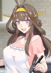 Rule 34 | 1girl, absurdres, ahoge, apron, blurry, blurry background, blush, braid, braided bun, brown hair, commentary request, cooking, double bun, hair bun, hairband, highres, holding, jewelry, kantai collection, ken (shutenndouji1), kongou (kancolle), long hair, open mouth, purple eyes, red shirt, ring, shirt, short sleeves, solo, spoon, upper body, wedding ring, white apron