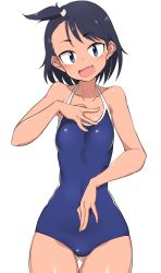 Rule 34 | 1girl, black hair, blue eyes, blue one-piece swimsuit, breasts, buta-don, commentary, competition school swimsuit, cowboy shot, fang, gluteal fold, hair tie, hand on own chest, highres, hodaka natsumi, houkago teibou nisshi, looking at viewer, medium hair, navel, one-piece swimsuit, one side up, open mouth, school swimsuit, short hair, skin fang, small breasts, smile, solo, standing, swept bangs, swimsuit, thigh gap