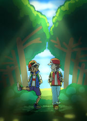 Rule 34 | 2boys, absurdres, ash ketchum, backpack, bag, baseball cap, black footwear, black hair, blue pants, blue vest, brown eyes, brown hair, creatures (company), day, eye contact, forest, full body, game freak, hands in pockets, hat, highres, holding strap, jacket, leg up, looking at another, multiple boys, nature, nintendo, open mouth, pants, pokemon, pokemon (anime), pokemon frlg, pokemon journeys, red (pokemon), red (pokemon frlg), red headwear, red jacket, shirt, short hair, short sleeves, shorts, vest, white shirt