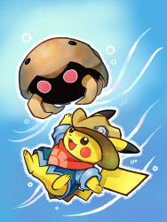 Rule 34 | :d, brown eyes, brown headwear, clothed pokemon, commentary request, creatures (company), game freak, gen 1 pokemon, hat, clothed pokemon, highres, kabuto (pokemon), nintendo, official art, open mouth, outstretched arms, pikachu, pokemon, pokemon (creature), shirt, sleeves rolled up, smile, tongue, vest