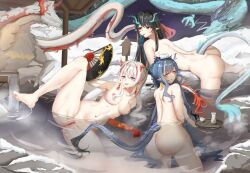 Rule 34 | 3girls, arknights, ass, barefoot, completely nude, dragon girl, dusk (arknights), highres, ling (arknights), looking at viewer, multiple girls, nian (arknights), nude, onsen, spread legs, tail