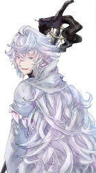 Rule 34 | 1boy, absurdres, ahoge, bad id, bad pixiv id, bishounen, fate/grand order, fate (series), flower, hair between eyes, highres, holding, holding staff, holding weapon, hood, hood down, hooded robe, long hair, looking at viewer, looking back, male focus, merlin (fate), multicolored hair, open mouth, petals, purple eyes, robe, simple background, smile, solo, staff, turtleneck, two-tone hair, upper body, user nuws4287, very long hair, weapon, white background, white hair, white robe