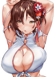 Rule 34 | 1girl, :o, armpit cutout, armpits, arms behind head, arms up, blush, bound, breasts, brown eyes, brown hair, cleavage, clothing cutout, crop top, flower, hair flower, hair ornament, large breasts, looking at viewer, nail polish, open mouth, original, pink nails, short hair, sidelocks, simple background, skindentation, solo, sweat, tied up, upper body, white background, yanyo (ogino atsuki)