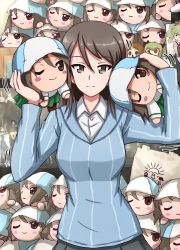 Rule 34 | 1girl, blue hat, blue shirt, blush stickers, brown eyes, brown hair, character doll, closed mouth, commentary, doll, dress shirt, girls und panzer, hat, highres, holding, holding doll, keizoku school uniform, long hair, long sleeves, looking at viewer, mika (girls und panzer), motion lines, nesoberi, no headwear, omachi (slabco), ooarai school uniform, school uniform, shirt, smile, solo, standing, striped clothes, striped shirt, stuffed toy, vertical-striped clothes, vertical-striped shirt, white shirt