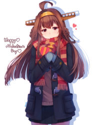 Rule 34 | 10s, 1girl, ahoge, artist name, box, brown hair, gloves, hairband, happy valentine, headgear, heart, heart-shaped box, kantai collection, kongou (kancolle), long hair, mhong, red eyes, scarf, simple background, solo, valentine, white background