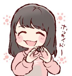 Rule 34 | 1girl, :d, ^ ^, akb48, black hair, blush, chibi, closed eyes, commentary request, gesture, kawamoto saya, long hair, long sleeves, open mouth, pink shirt, real life, shirt, simple background, smile, solo, taneda yuuta, translation request, triangle, upper body