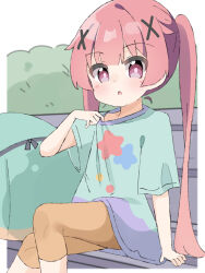 Rule 34 | 1girl, :o, arm support, backpack, bag, blush, brown leggings, commentary request, feet out of frame, hair ornament, highres, kapuru 0410, leggings, looking at viewer, on bench, parted lips, purple eyes, red hair, short sleeves, sitting, solo, tanemura koyori, twintails, watashi ni tenshi ga maiorita!, x hair ornament