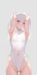 Rule 34 | 1girl, absurdres, artist name, bare arms, bare shoulders, blush, breasts, covered collarbone, covered navel, grey background, head tilt, highleg, highleg swimsuit, highres, long hair, looking at viewer, mignon, one-piece swimsuit, original, parted lips, purple eyes, shiro-chan (mignon), simple background, small breasts, solo, sweater, swimsuit, thighs, white hair, white sweater
