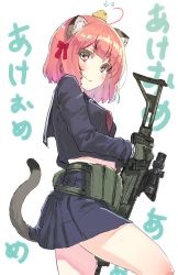 Rule 34 | 1girl, absurdres, acog, ahoge, ak 5, akeome, animal, animal ears, animal on head, assault rifle, black serafuku, black skirt, blush, bob cut, cat ears, cat tail, chick on head, closed mouth, commentary request, cowboy shot, crop top, crop top overhang, fn fnc, from side, gloves, green gloves, gun, happy new year, highres, holding, holding gun, holding weapon, knee up, load bearing equipment, looking at viewer, magazine (weapon), neckerchief, new year, on head, oota youjo, original, pink eyes, pink hair, rifle, school uniform, serafuku, short hair, skirt, smile, solo, tail, translated, weapon