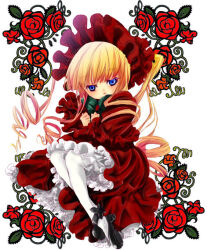 Rule 34 | 1girl, blonde hair, blue eyes, blush, bonnet, commentary request, dress, flower, full body, lolita fashion, long hair, looking at viewer, pantyhose, red dress, red flower, red rose, rose, rozen maiden, shinku, sidelocks, solo, tsucaco, twintails, very long hair, white pantyhose