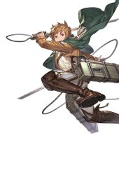 Rule 34 | 1boy, blouse, brown eyes, brown hair, cape, full body, gran (granblue fantasy), granblue fantasy, holding, holding sword, holding weapon, incoming attack, jacket, jumping, male focus, minaba hideo, official art, shingeki no kyojin, shirt, solo, survey corps, sword, three-dimensional maneuver gear, transparent background, weapon, white shirt