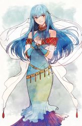 Rule 34 | 1girl, blue hair, dress, fire emblem, fire emblem: the blazing blade, highres, ichiyou (kazuha1003), long hair, looking at viewer, ninian, nintendo, red eyes, simple background, smile, solo, wavy hair, white background