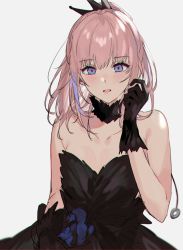 Rule 34 | 1girl, aogisa, black dress, black gloves, blue eyes, blush, breasts, chromatic aberration, collarbone, dress, girls&#039; frontline, gloves, hair ribbon, hand up, highres, long hair, looking at viewer, open mouth, pink hair, ponytail, ribbon, small breasts, solo, st ar-15 (girls&#039; frontline), white background