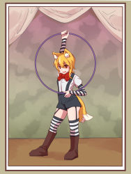 Rule 34 | 1girl, ahoge, alternate costume, animal ear fluff, animal ears, asymmetrical hair, black shorts, black thighhighs, blonde hair, boots, bow, bowtie, brown footwear, commentary request, contrapposto, cookie (touhou), dutch angle, fox ears, fox girl, fox tail, full body, garter straps, hair between eyes, highres, hoop, hula hoop, looking at viewer, medium hair, miramikaru riran, red bow, red bowtie, red eyes, shirt, shorts, sidelocks, smile, solo, standing, striped clothes, striped sleeves, striped thighhighs, suspender shorts, suspenders, tail, thighhighs, white shirt, white thighhighs, yan pai