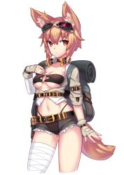 Rule 34 | 1girl, animal ears, bandages, blonde hair, breasts, choker, cleavage, cropped legs, denim, denim shorts, dev (dev0614), fingerless gloves, fox ears, fox tail, gloves, goggles, goggles on head, highres, looking at viewer, midriff, navel, o-ring, o-ring top, orange eyes, original, short hair, shorts, solo, standing, tail, transparent background, underboob, white background