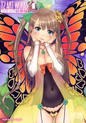 Rule 34 | 1girl, absurdres, breasts, brown hair, butterfly wings, cameltoe, cleavage, covered navel, detached sleeves, garter straps, green eyes, hair ornament, hands on own cheeks, hands on own face, highres, insect wings, jewelry, long hair, necklace, panties, scan, scrunchie, see-through, sidelocks, solo, string panties, tony taka, two side up, underwear, wings, yellow panties