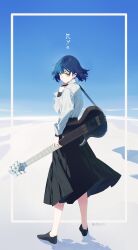 Rule 34 | 1girl, absurdres, black footwear, black skirt, blue hair, bocchi the rock!, character name, closed mouth, collared shirt, commentary, electric guitar, full body, guitar, highres, instrument, long sleeves, mole, mole under eye, olys, shirt, shoes, short hair, skirt, solo, standing, twitter username, white shirt, yamada ryo, yellow eyes