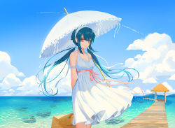 Rule 34 | 1girl, basket, bianca (black survival), black survival, blue hair, cloud, day, ddollydonut, dress, feet out of frame, gloves, hairband, halter dress, halterneck, holding, holding umbrella, horizon, long hair, looking at viewer, low twintails, ocean, red eyes, sky, sleeveless, sleeveless dress, solo, standing, sundress, twintails, umbrella, water, white dress, white gloves, white hairband, white umbrella, wind