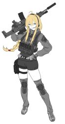 Rule 34 | 1girl, absurdres, ahoge, black shorts, blonde hair, blue eyes, braid, commentary, cz 805 bren, detached legs, ear protection, english commentary, full body, gloves, grey footwear, grey gloves, grey jacket, grin, gun, hair between eyes, hand on own hip, hand up, headset, highres, holding, holding gun, holding weapon, indie virtual youtuber, jacket, knee pads, long hair, looking at viewer, mole, mole under eye, pixcy (pixcy5), scope, shoes, short shorts, shorts, simple background, single braid, smile, solo, standing, suppressor, v-shaped eyebrows, very long hair, virtual youtuber, weapon, weapon request, whiskey project, white background