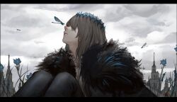 Rule 34 | 1boy, androgynous, black border, blue flower, border, bug, building, cape, cloud, cloudy sky, commentary, diamond hairband, dragonfly, fate/grand order, fate (series), flower, fur-trimmed cape, fur trim, grass, grey hair, highres, insect, insect on nose, insect wings, knees up, male focus, medium hair, minatsunen, oberon (fate), oberon (third ascension) (fate), on grass, outdoors, overcast, parted lips, profile, shirt, signature, sitting, sky, solo, tall grass, white shirt, wings