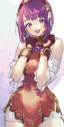 Rule 34 | 1girl, asamiya athena, blush, breasts, chinese clothes, fingerless gloves, gloves, hair ornament, hairband, highres, jewelry, looking at viewer, murata tefu, purple eyes, purple hair, red hairband, short hair, simple background, smile, solo, star (symbol), star hair ornament, the king of fighters, the king of fighters xv
