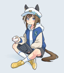 Rule 34 | 1girl, animal ears, ball, baseball, baseball glove, black shorts, blue eyes, blue jacket, brown hair, cheval grand (umamusume), closed mouth, full body, hat, holding, holding ball, hood, hood down, hoodie, horse ears, horse girl, horse tail, indian style, jacket, kneehighs, long sleeves, medium hair, multicolored hair, ooishi oil, open clothes, open jacket, seattle mariners, shoes, shorts, simple background, sitting, sneakers, socks, solo, streaked hair, tail, umamusume, white hat, white hoodie, white socks, yellow footwear