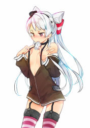 Rule 34 | 10s, 1girl, amatsukaze (kancolle), blush, breasts, brown eyes, garter straps, gloves, hair tubes, hairband, hat, kantai collection, kiritomo koroha, long hair, mouth hold, off shoulder, silver hair, small breasts, solo, striped clothes, striped thighhighs, thighhighs, two side up, undressing, unworn gloves