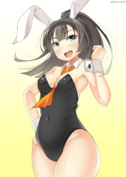 Rule 34 | 10s, 1girl, akizuki (kancolle), alternate costume, alternate headwear, animal ears, armpits, bad id, bad pixiv id, bare shoulders, black hair, blue eyes, breasts, commentary request, covered navel, covering privates, detached collar, eyebrows, fake animal ears, kankitsunabe (citrus), kantai collection, leotard, long hair, looking at viewer, one-hour drawing challenge, open mouth, playboy bunny, ponytail, rabbit ears, small breasts, solo, twitter username, wrist cuffs