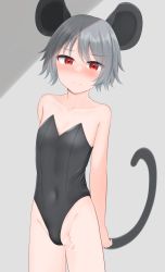 Rule 34 | 1boy, alternate costume, animal ears, bar censor, black leotard, censored, closed mouth, commentary request, covered navel, cowboy shot, crossdressing, dakuazu, genderswap, genderswap (ftm), grey hair, highres, leotard, looking at viewer, male focus, mouse boy, mouse ears, mouse tail, nazrin, penis, red eyes, short hair, solo, strapless, strapless leotard, tail, touhou, trap