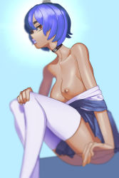 Rule 34 | 1girl, absurdres, ayanami rei, bad id, bad twitter id, black choker, blue hair, breasts, breasts out, choker, cleavage, collarbone, highres, interface headset, lipstick, makeup, medium breasts, neon genesis evangelion, nipples, no bra, off-shoulder shirt, off shoulder, partially undressed, purple lips, red eyes, school uniform, shirt, short hair, sitting, solo, thick eyebrows, thighhighs, tumtumisu, white thighhighs