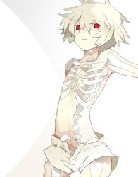 Rule 34 | 1boy, albino, androgynous, bad id, bad pixiv id, bone, male focus, minecraft, personification, red eyes, rooseputo 02, topless male, short hair, shorts, skeleton, skeleton (minecraft), smile, solo, see-through body, transparent, white background, white hair