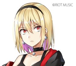 Rule 34 | 1girl, ashizawa saki, blonde hair, colored inner hair, cross, cross necklace, hair between eyes, hair ornament, jewelry, multicolored hair, necklace, portrait, riot music, shiro kuma shake, simple background, virtual youtuber, white background