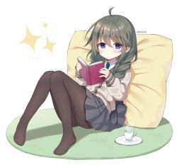 Rule 34 | 1girl, ahoge, black skirt, blue eyes, book, braid, brown cardigan, brown pantyhose, cardigan, closed mouth, collared shirt, commentary request, cup, full body, green neckwear, grey hair, hair between eyes, hair over shoulder, holding, holding book, knees together feet apart, knees up, long hair, long sleeves, looking at viewer, low twintails, mauve, no shoes, open book, panties, pantyhose, pillow, pleated skirt, princess connect!, puffy long sleeves, puffy sleeves, saucer, shirt, simple background, skirt, sleeves past wrists, solo, sparkle, steam, twin braids, twintails, twitter username, underwear, white background, white panties, white shirt, yuni (princess connect!), yuni (real) (princess connect!)