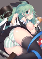 Rule 34 | 1girl, alternate breast size, ass, black bow, black ribbon, black thighhighs, blue ribbon, blush, bow, breasts, cameltoe, cleft of venus, commentary request, detached sleeves, green eyes, green hair, grey background, hair between eyes, hair bow, hair ornament, hair ribbon, hairclip, highres, kantai collection, lifebuoy, loafers, long hair, looking at viewer, medium breasts, nipples, no bra, open mouth, panties, pleated skirt, ponytail, ribbon, school uniform, shoes, simple background, skirt, solo, striped clothes, striped panties, swim ring, thighhighs, torpedo, underwear, watanon (gakushokutei), yamakaze (kancolle)