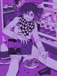 Rule 34 | 1boy, ahoge, bong (0u0bon), bowl, box, cereal, cereal box, character print, checkered clothes, checkered scarf, commentary, danganronpa (series), danganronpa v3: killing harmony, fanta, food, grin, highres, holding, holding box, holding spoon, indoors, instrument, long sleeves, looking at viewer, male focus, messy hair, milk, on ground, oma kokichi, purple eyes, purple hair, purple theme, refrigerator, scarf, sitting, smile, solo, spoon, straitjacket, symbol-only commentary, translation request