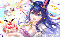 Rule 34 | 1girl, :d, animal, animal ears, blue eyes, blue hair, blush, bow, braid, breasts, cake, cleavage, collarbone, commentary request, confetti, copyright request, dress, food, fruit, fujima takuya, hair between eyes, happy birthday, holding, holding plate, long hair, looking at viewer, medium breasts, mismatched animal ear colors, open mouth, party popper, pennant, plate, polka dot, polka dot background, rabbit ears, smile, solo, strawberry, streamers, string of flags, upper body, virtual youtuber, white dress, yellow bow
