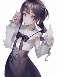 Rule 34 | 1girl, aya (lezon), black bow, black bowtie, black skirt, blue eyes, bow, bowtie, brown hair, closed mouth, commentary request, frilled sailor collar, frills, hair ribbon, high-waist skirt, highres, holding, holding phone, long hair, long sleeves, looking at viewer, middle finger, nijisanji, phone, ribbon, sailor collar, shirt, simple background, skirt, solo, standing, tsukino mito, tsukino mito (14th costume), twintails, virtual youtuber, white background, white sailor collar, white shirt