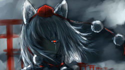 Rule 34 | 1girl, animal ears, crying, crying with eyes open, glowing, glowing eye, hat, inubashiri momiji, pom pom (clothes), red eyes, shaded face, short hair, silver hair, solo, tears, tokin hat, touhou, wolf ears, zzzzzzzzzzzzzzp