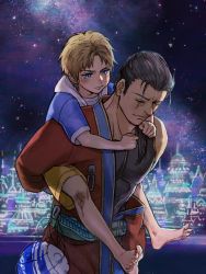 Rule 34 | 2boys, aged down, arms around neck, auron, barefoot, black hair, black tank top, blitzball, blonde hair, blue eyes, blue hoodie, blush, carrying, child, city, closed eyes, crying, final fantasy, final fantasy x, full body, hair slicked back, highres, hood, hood down, hoodie, japanese clothes, kimono, male focus, multiple boys, nexeee, night, night sky, parted bangs, piggyback, red kimono, scar, scar across eye, short hair, short sleeves, shorts, sky, tank top, tears, tidus, upper body, yellow shorts