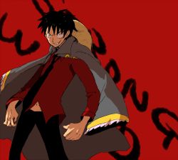 Rule 34 | 1boy, black hair, copyright name, formal, hat, jacket, jacket on shoulders, male focus, monkey d. luffy, necktie, one piece, one piece: strong world, rinkufuri, short hair, standing, straw hat
