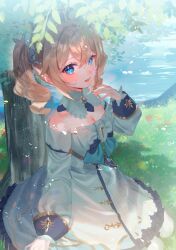 Rule 34 | 1girl, absurdres, barbara (genshin impact), blonde hair, blue eyes, breasts, cleavage, commentary request, dress, drill hair, full body, genshin impact, hand up, harushio, highres, long hair, long sleeves, looking at viewer, off-shoulder dress, off shoulder, open mouth, outdoors, seiza, sitting, small breasts, smile, solo, twintails, water, white dress, white headwear