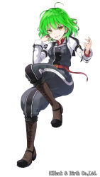 Rule 34 | &gt;:d, 1girl, :d, absurdres, arm belt, belt, boots, breast pocket, breasts, copyright request, full body, green hair, grey jacket, grey pants, grin, highres, jacket, juliet sleeves, long sleeves, looking at viewer, max melon, medium breasts, official art, open mouth, original, pants, pocket, puffy sleeves, red belt, sharp teeth, simple background, slit pupils, smile, solo, teeth, v-shaped eyebrows, watermark, white background, yellow eyes
