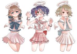 Rule 34 | 3girls, angel wings, arms behind back, blush, bow, bowtie, bright pupils, brown hair, collarbone, cropped legs, detached wings, drill hair, eyepatch, fake halo, frilled hairband, frilled sailor collar, frills, fur halo, hair bow, hairband, halo, hand on own hip, hayasaka mirei, highres, idolmaster, idolmaster cinderella girls, idolmaster cinderella girls starlight stage, katakata115489, looking at viewer, looking away, midriff, morikubo nono, multicolored hair, multiple girls, pleated skirt, purple hair, red hair, sailor collar, sakuma mayu, shirt, simple background, skirt, sleeveless, sleeveless shirt, streaked hair, twintails, white background, wings