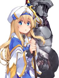 Rule 34 | 10s, 1girl, :o, adyisu, armor, blonde hair, blue dress, blue eyes, blush, commentary request, dress, full armor, goblin slayer, goblin slayer!, hair between eyes, hat, helm, helmet, holding, holding staff, long hair, long sleeves, parted lips, priestess (goblin slayer!), simple background, solo focus, staff, twitter username, two-handed, very long hair, white background, white hat, wide sleeves