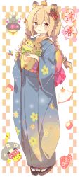 Rule 34 | 1girl, absurdres, animal ears, blue kimono, blush, braid, brown eyes, brown footwear, brown hair, chinese zodiac, commentary request, floral print, food, food on head, full body, hair between eyes, highres, japanese clothes, kadomatsu, kimono, long hair, long sleeves, looking at viewer, low twintails, obi, object on head, original, print kimono, sandals, sash, short eyebrows, smile, socks, solo, standing, stuffed animal, stuffed tiger, stuffed toy, tabi, thick eyebrows, tiger ears, tsukiyo (skymint), twin braids, twintails, white background, white socks, wide sleeves, year of the tiger, zouri