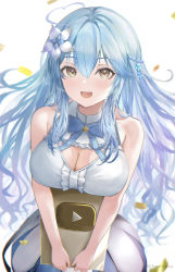 Rule 34 | 1girl, :d, absurdres, ahoge, bare arms, bare shoulders, blue bow, blue bowtie, blue hair, blue skirt, bow, bowtie, braid, breasts, center frills, cleavage, cleavage cutout, clothing cutout, commentary request, eyelashes, flower, french braid, frilled shirt, frills, hair between eyes, hair flower, hair ornament, half updo, heart, heart ahoge, highres, holding, holofive, hololive, jewelry, large breasts, long hair, looking at viewer, milestone celebration, open mouth, partial commentary, plaque, shirt, simple background, skirt, sleeveless, sleeveless shirt, smile, snowflake hair ornament, solo, towrituka, twitter username, two-tone skirt, very long hair, virtual youtuber, white background, white shirt, white skirt, yellow eyes, youtube creator award, youtube logo, yukihana lamy